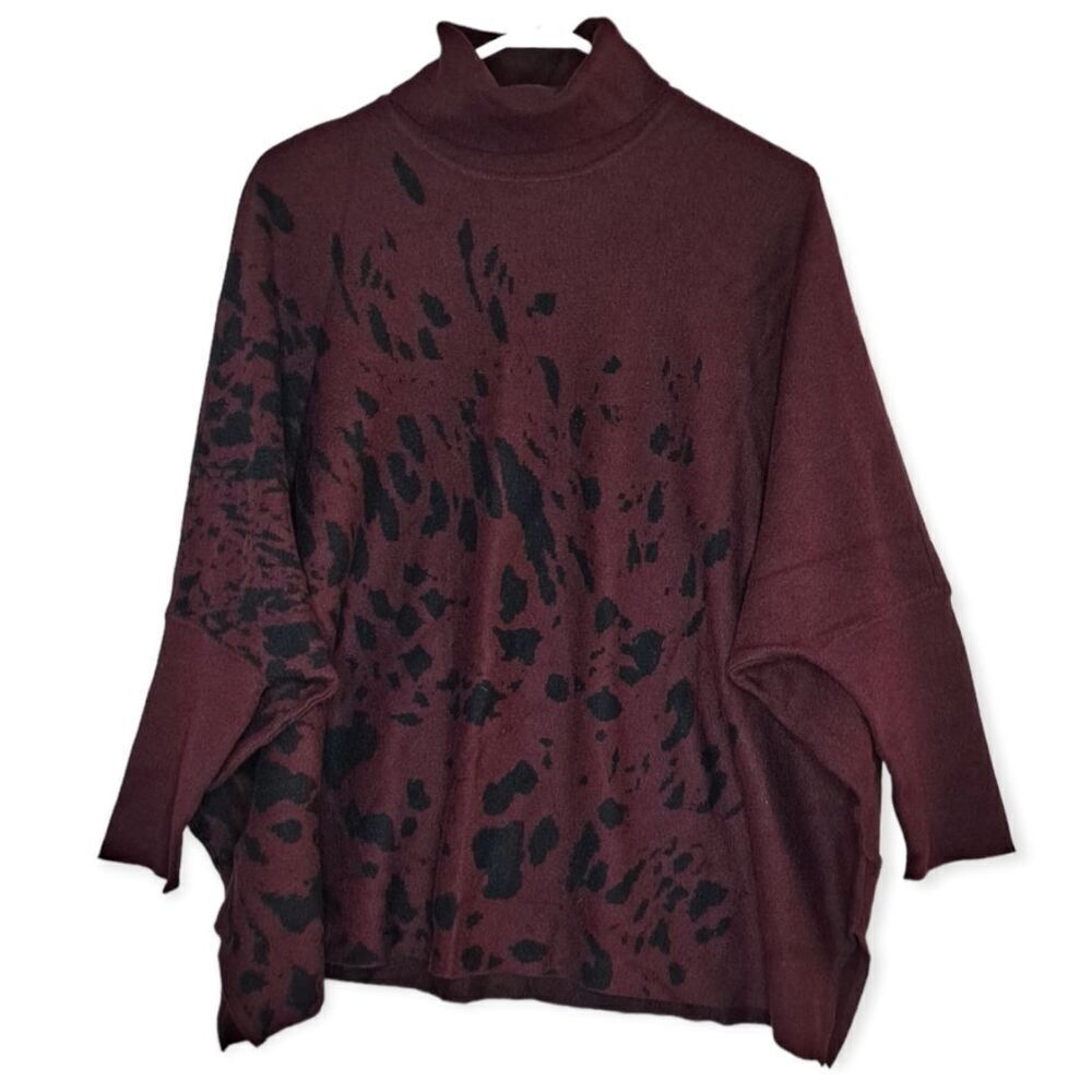 Alfani Printed Drop Shoulder Turtleneck Sweater Berry Black Splat Small